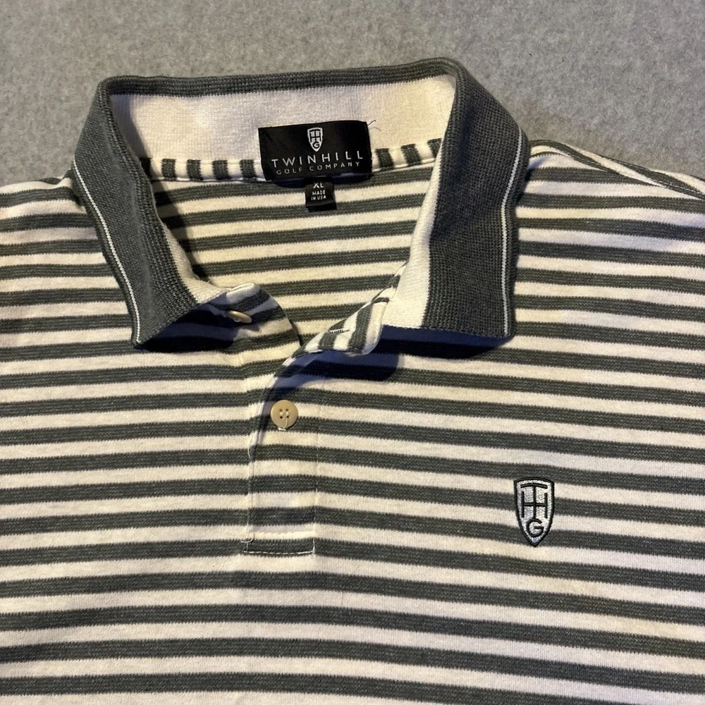 TWINHILL Golf Company Men's XL Gray White Striped Polo‎ Very Good Cond.